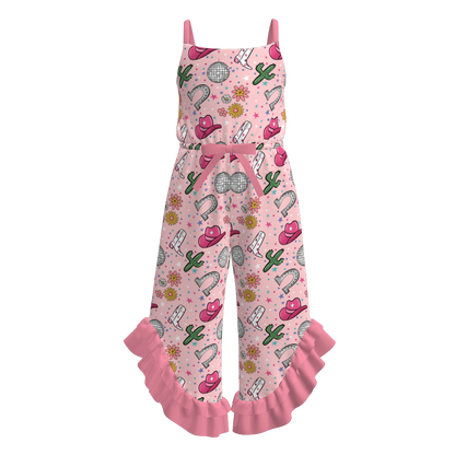 Girls Summer Wild Cactus Boots Print Slip Ruffled Jumpsuit