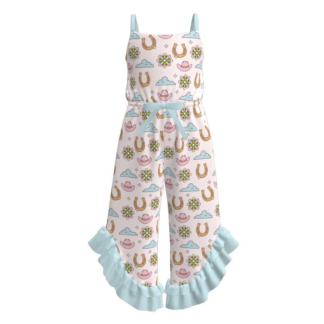 Girls Summer Wild Cactus Boots Print Slip Ruffled Jumpsuit