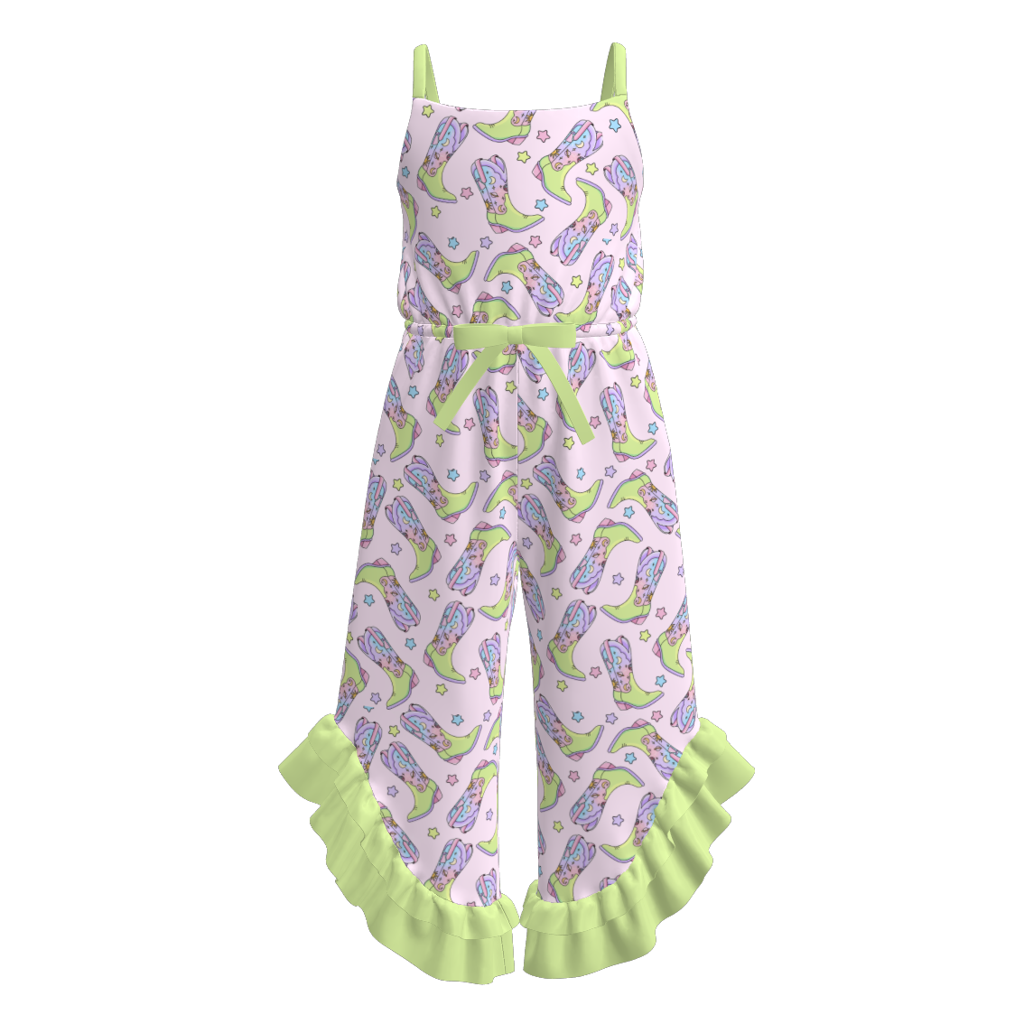 Girls Summer Wild Cactus Boots Print Slip Ruffled Jumpsuit