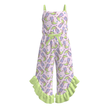Girls Summer Wild Cactus Boots Print Slip Ruffled Jumpsuit