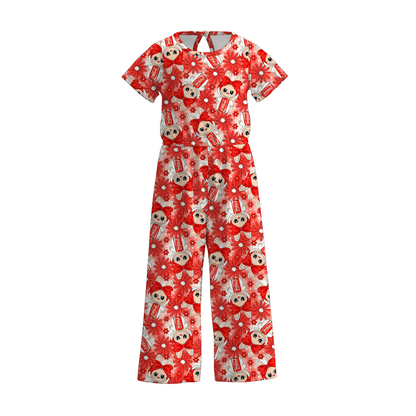 Girls Spring Summer LABUBU Print Short Sleeves Jumpsuit