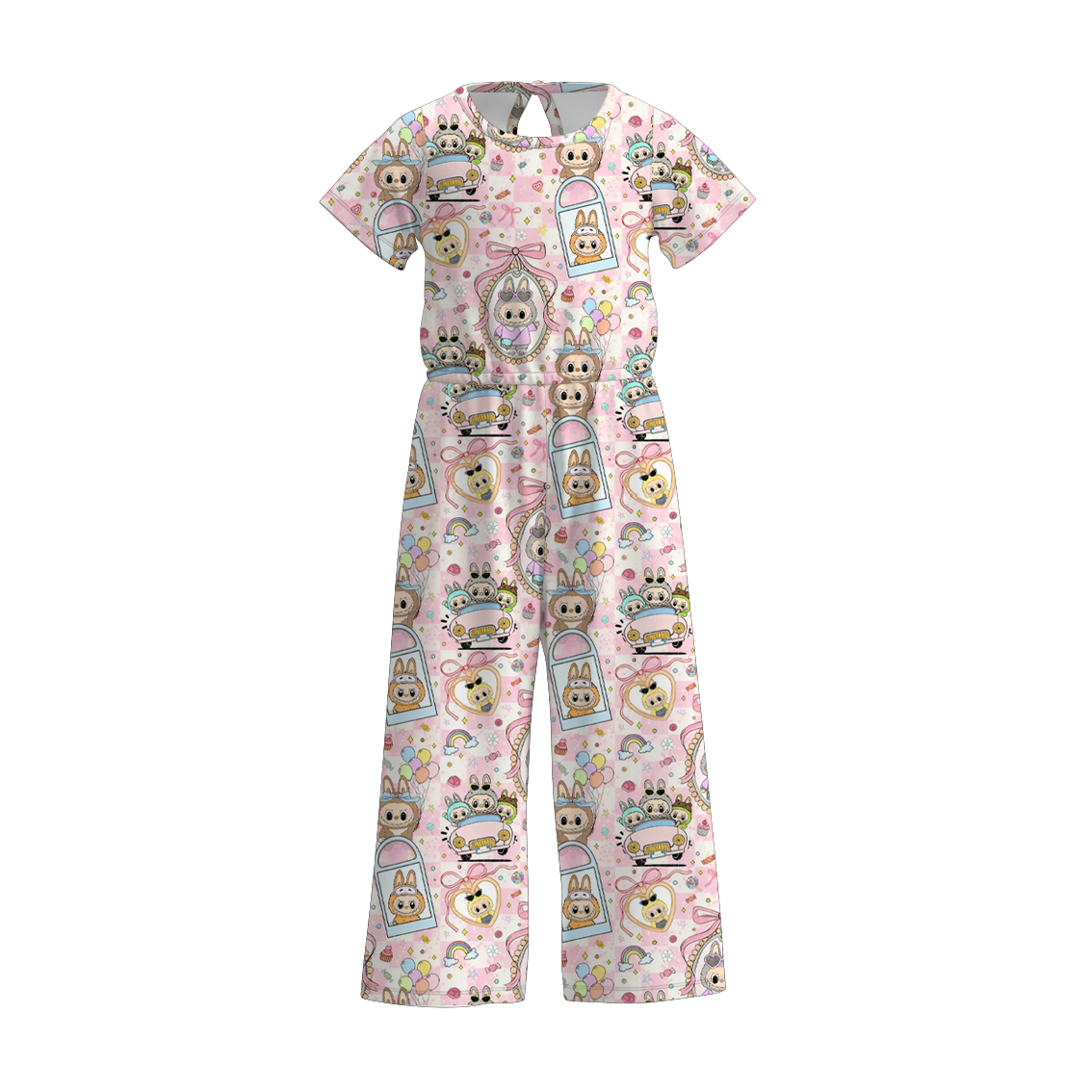 Girls Spring Summer LABUBU Print Short Sleeves Jumpsuit