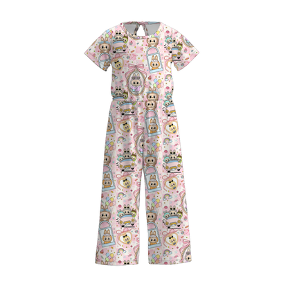 Girls Spring Summer LABUBU Print Short Sleeves Jumpsuit