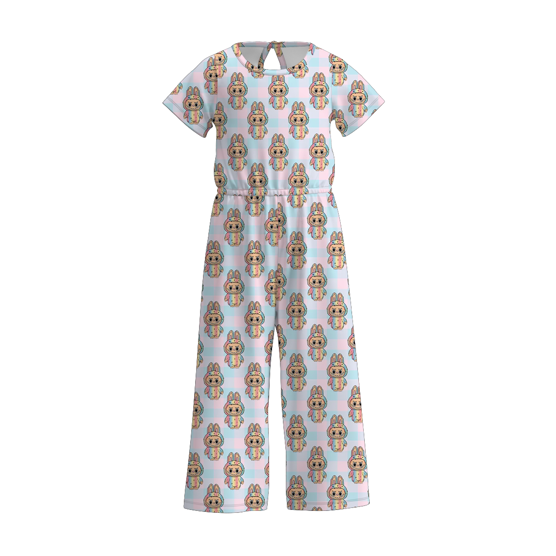 Girls Spring Summer LABUBU Print Short Sleeves Jumpsuit