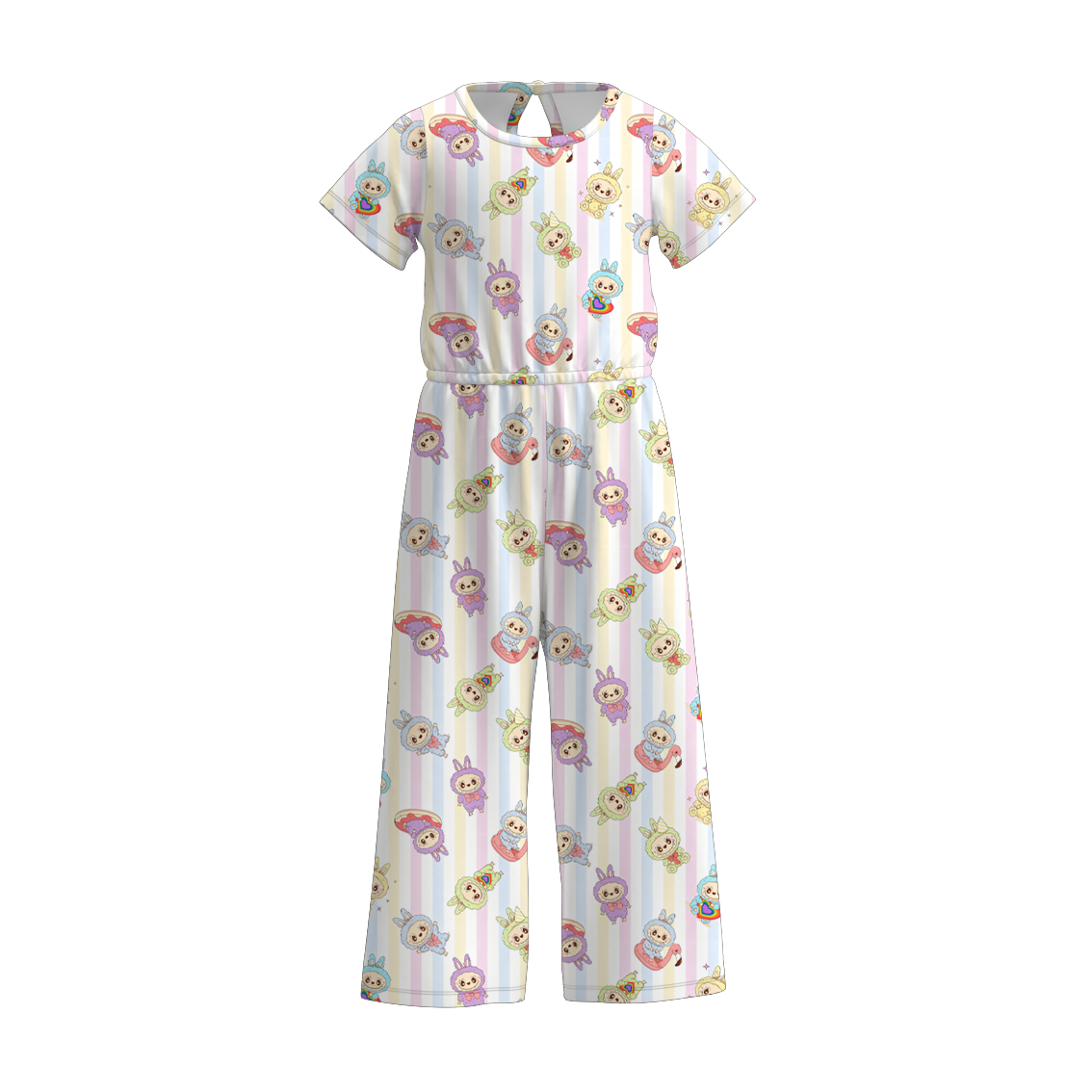 Girls Spring Summer LABUBU Print Short Sleeves Jumpsuit