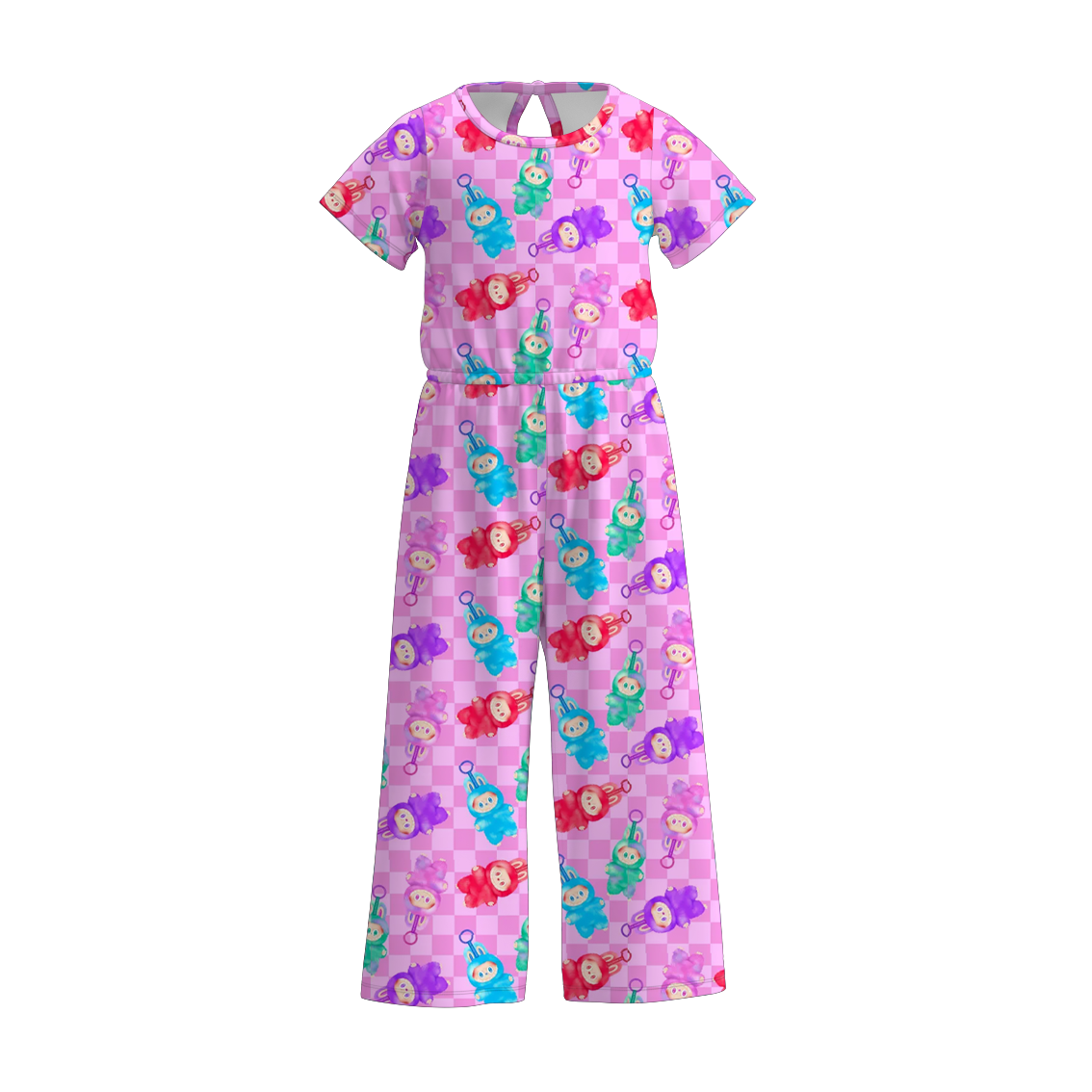 Girls Spring Summer LABUBU Print Short Sleeves Jumpsuit