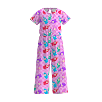 Girls Spring Summer LABUBU Print Short Sleeves Jumpsuit