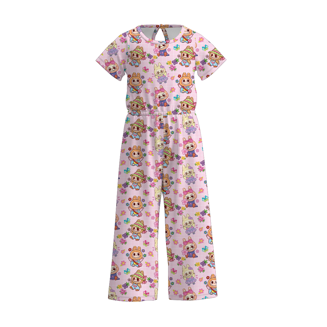 Girls Spring Summer LABUBU Print Short Sleeves Jumpsuit