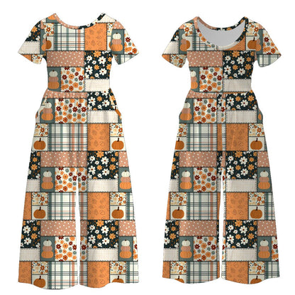Halloween Pumpkin Patchwork Collection | Matching Family Outfits | Girls Dress, Ruffle Pant Set, Wide-Leg Jumpsuit & Boys Short Set