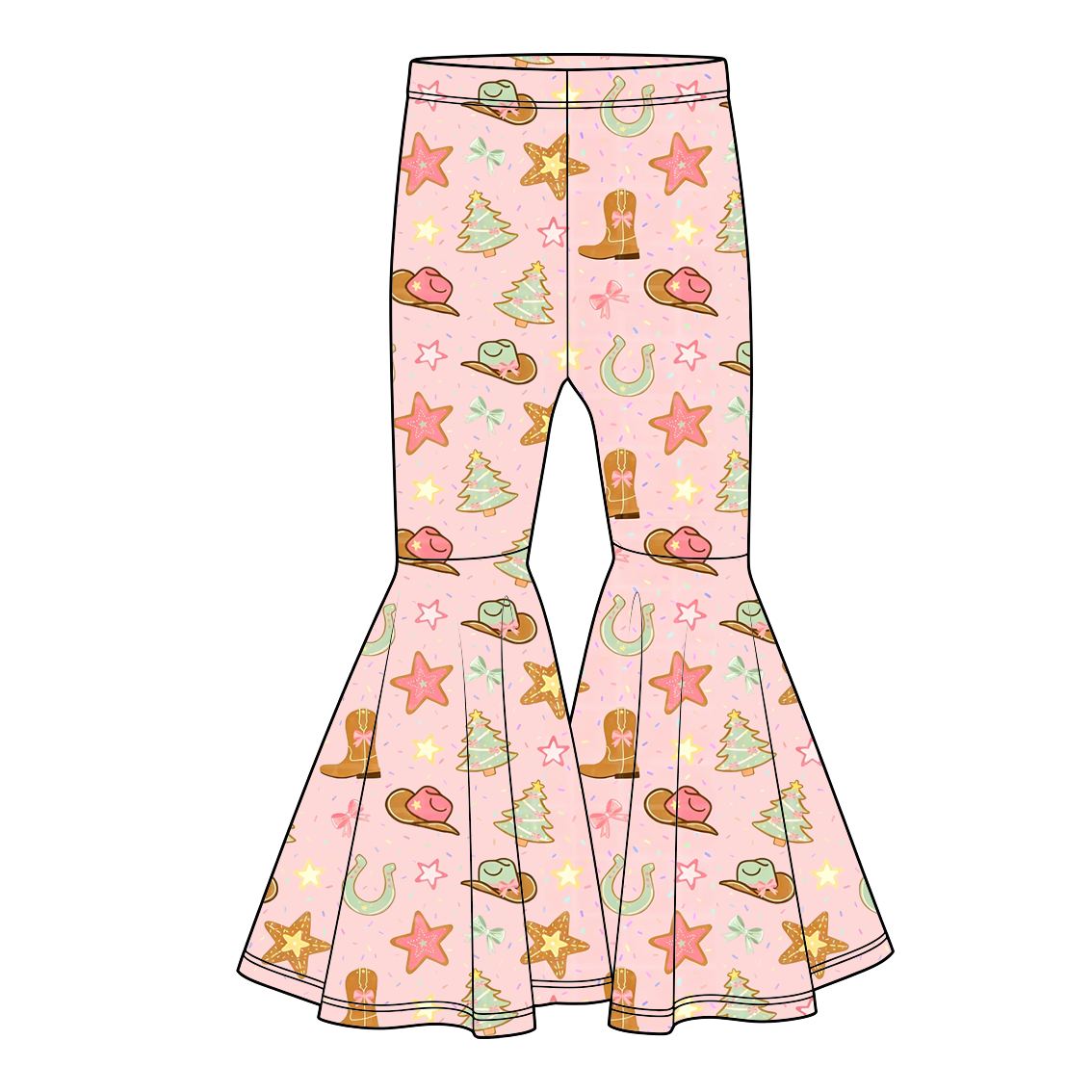Girls Christmas Western Bell Bottom Pants – Holiday Cowboy Gingerbread Printed Flare Pants