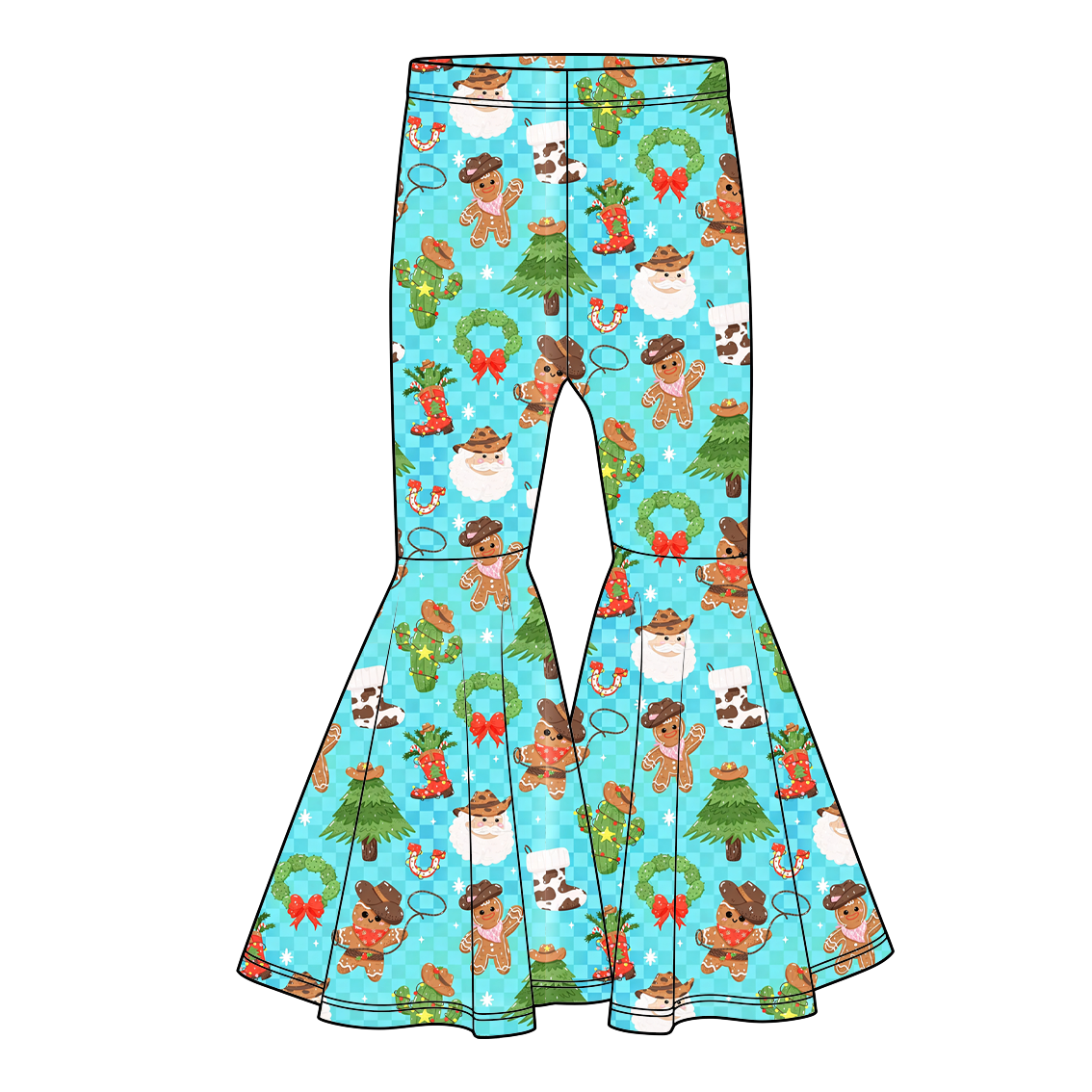 Girls Christmas Western Bell Bottom Pants – Holiday Cowboy Gingerbread Printed Flare Pants