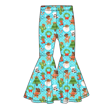 Girls Christmas Western Bell Bottom Pants – Holiday Cowboy Gingerbread Printed Flare Pants
