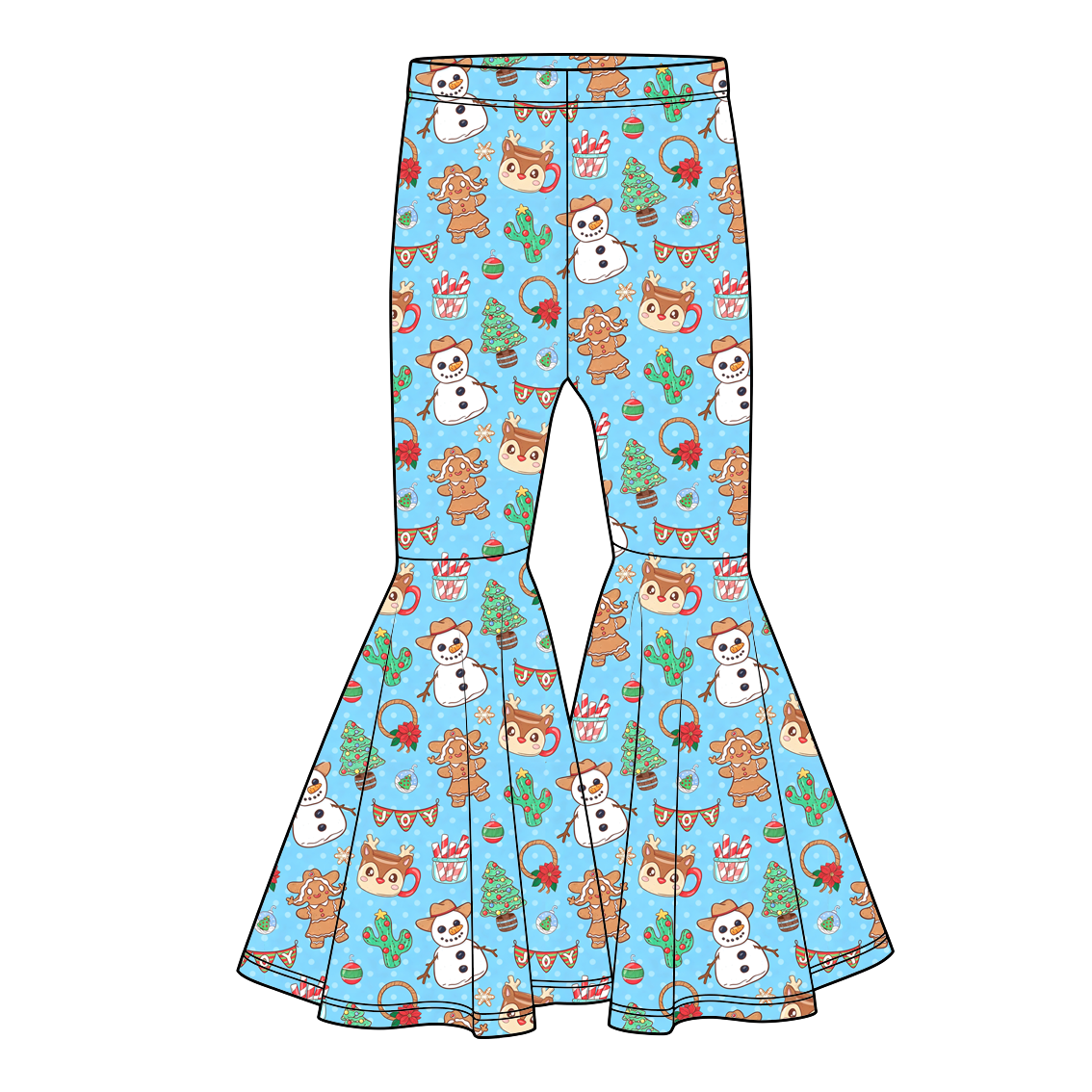 Girls Christmas Western Bell Bottom Pants – Holiday Cowboy Gingerbread Printed Flare Pants