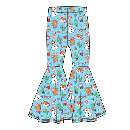 Girls Christmas Western Bell Bottom Pants – Holiday Cowboy Gingerbread Printed Flare Pants