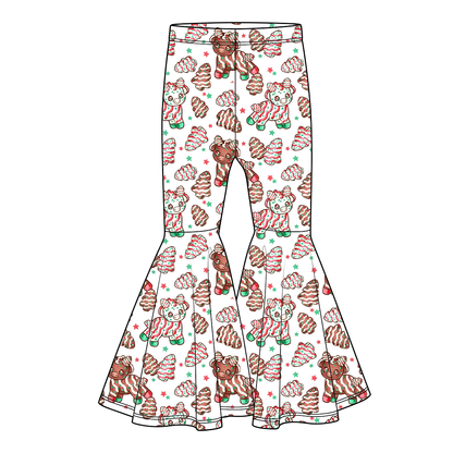 Girls Christmas Western Bell Bottom Pants – Holiday Cowboy Gingerbread Printed Flare Pants