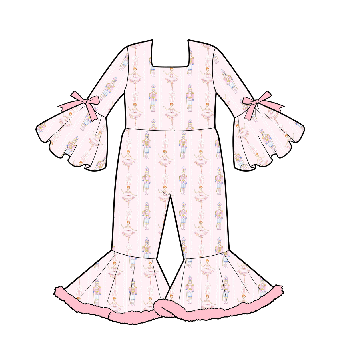 Girls Christmas Holiday Bell Sleeve Ruffle Jumpsuit – Festive Printed Wide Leg Romper Outfit