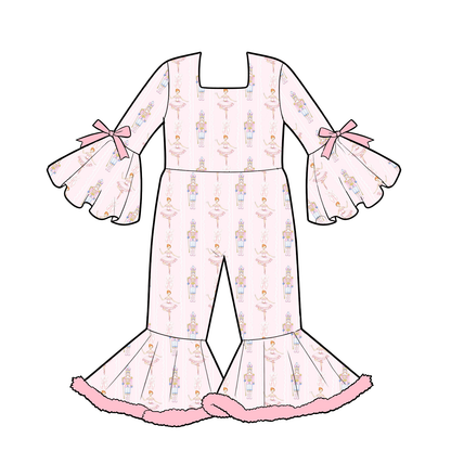 Girls Christmas Holiday Bell Sleeve Ruffle Jumpsuit – Festive Printed Wide Leg Romper Outfit