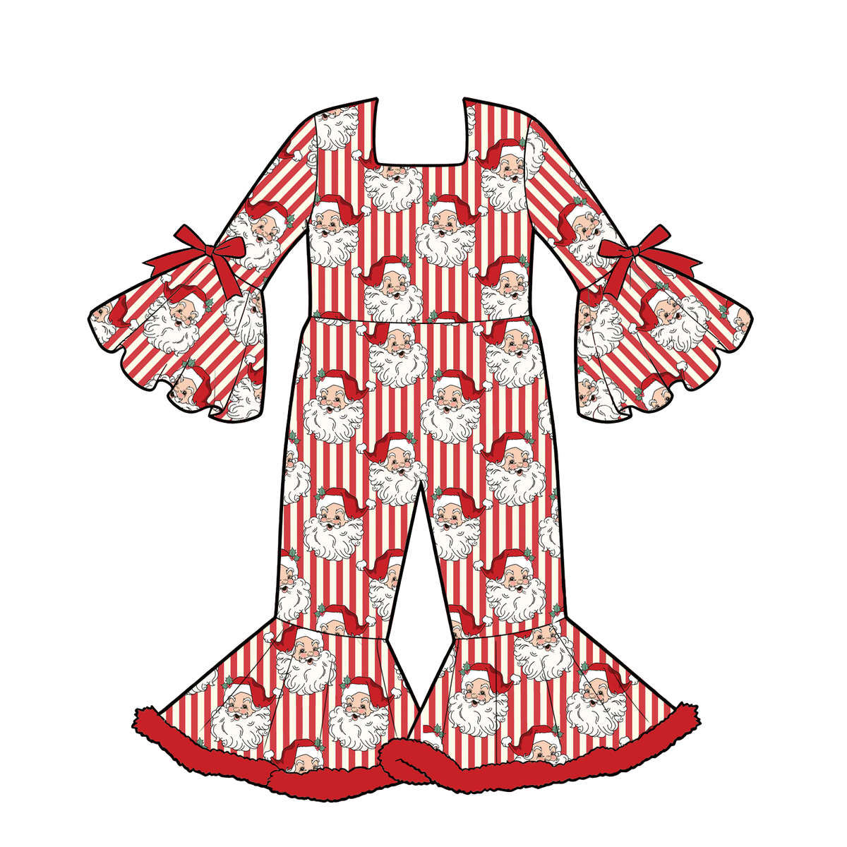 Girls Christmas Holiday Bell Sleeve Ruffle Jumpsuit – Festive Printed Wide Leg Romper Outfit