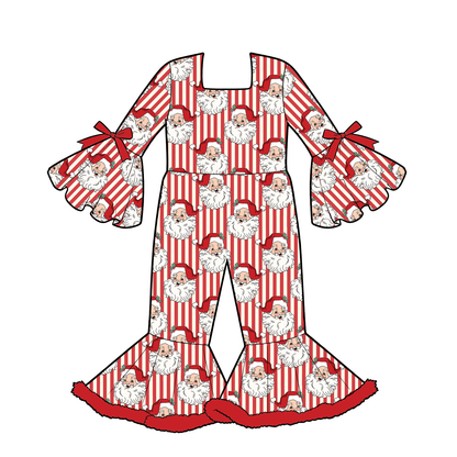 Girls Christmas Holiday Bell Sleeve Ruffle Jumpsuit – Festive Printed Wide Leg Romper Outfit
