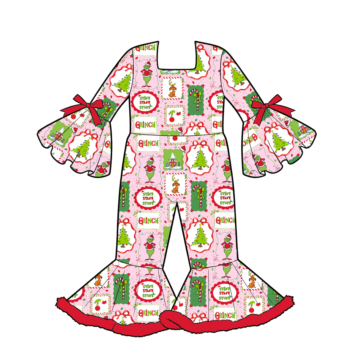 Girls Christmas Holiday Bell Sleeve Ruffle Jumpsuit – Festive Printed Wide Leg Romper Outfit
