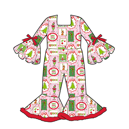 Girls Christmas Holiday Bell Sleeve Ruffle Jumpsuit – Festive Printed Wide Leg Romper Outfit