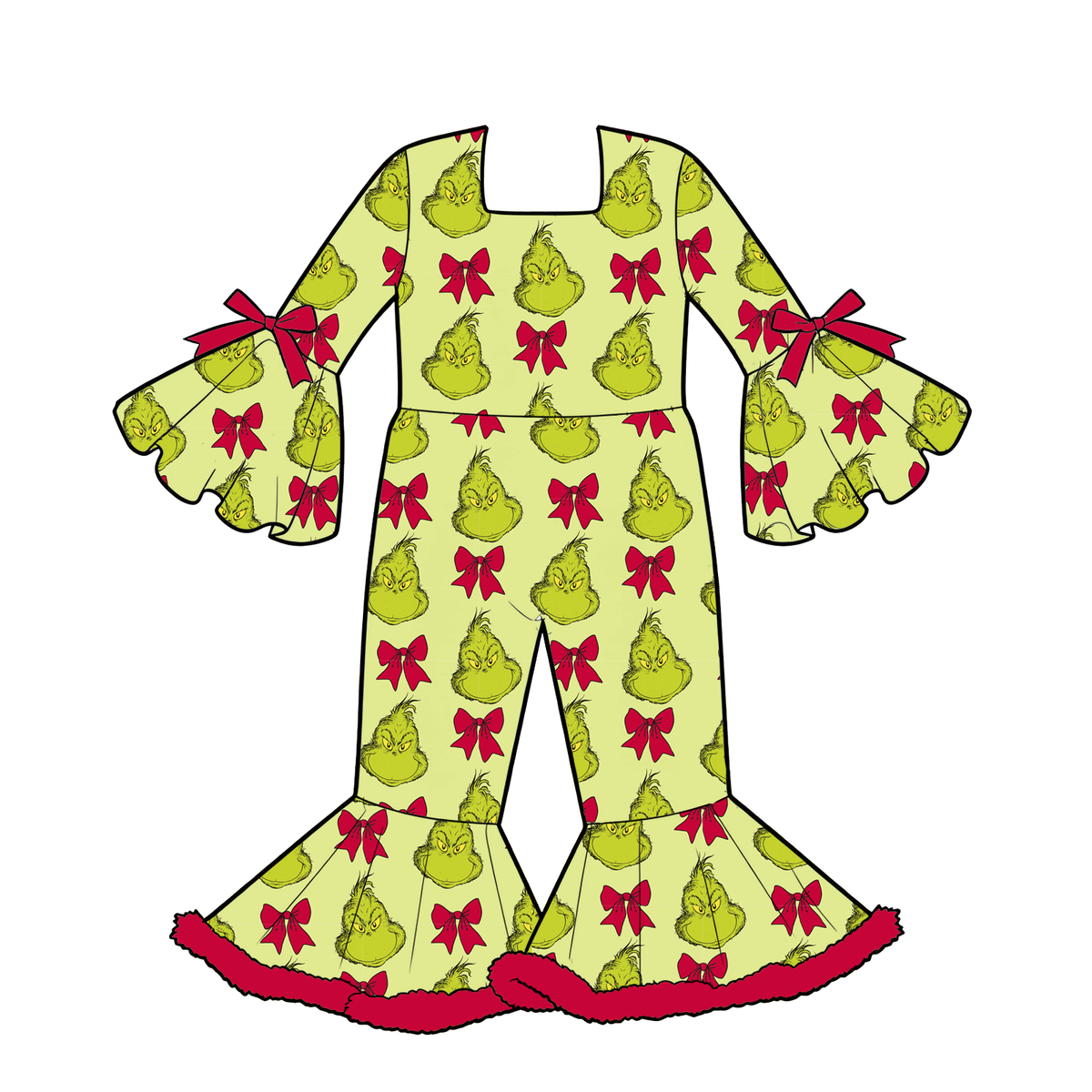 Girls Christmas Holiday Bell Sleeve Ruffle Jumpsuit – Festive Printed Wide Leg Romper Outfit
