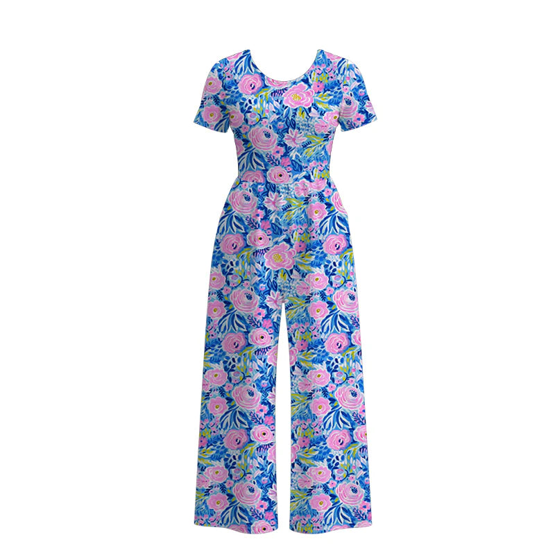 Mommy and Me Blue Pink Floral Print Milk Silk Jumpsuit