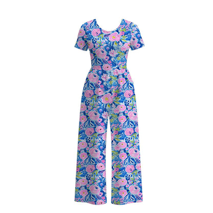 Mommy and Me Blue Pink Floral Print Milk Silk Jumpsuit