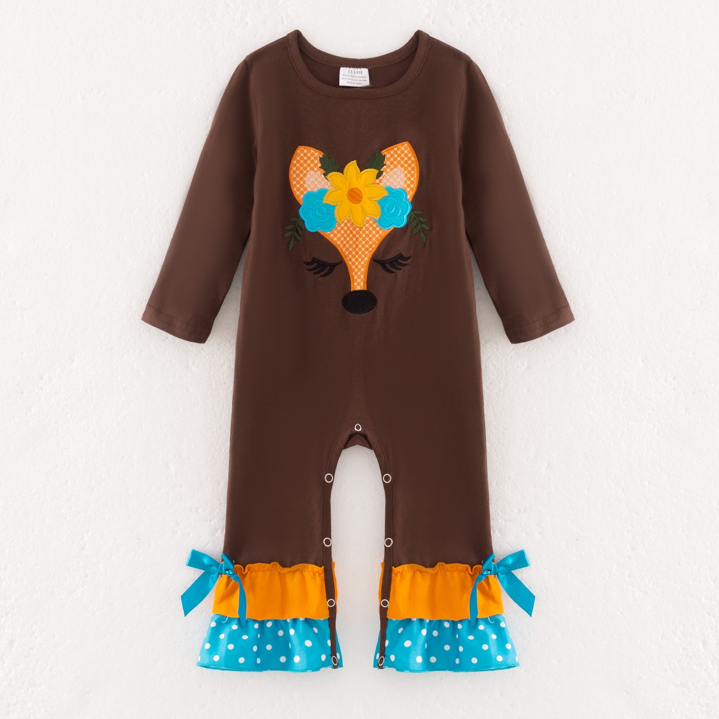 Baby Girls Fall Fox Embroidery Brown Romper