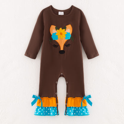 Baby Girls Fall Fox Embroidery Brown Romper