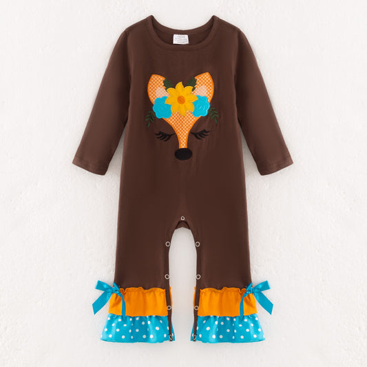 Baby Girls Fall Fox Embroidery Brown Romper