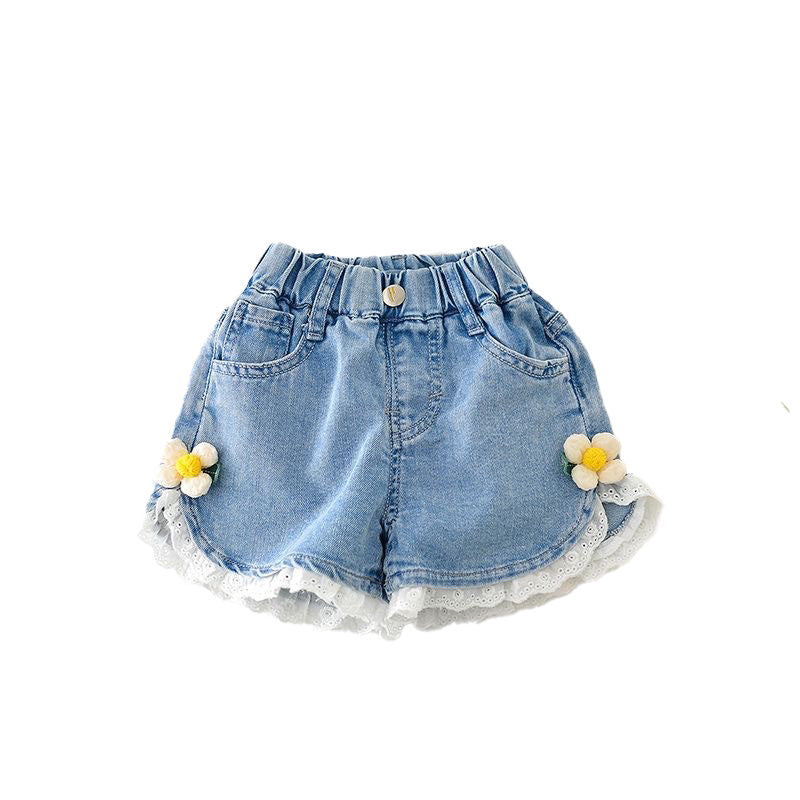 Girls' Summer Denim Shorts With Lace And Flower Detail
