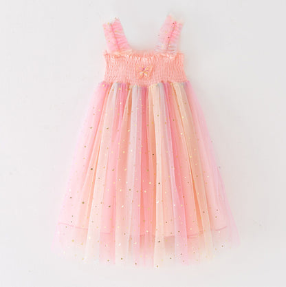 Children Bow Detail Smocked Tulle Strapless Puffy Party Dress