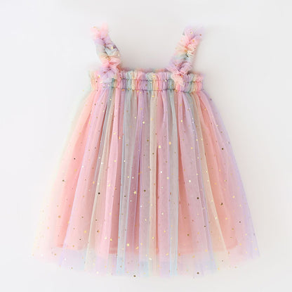 Girls Rainbow Tulle Dress Gold Stars Sparkly Fairy Style