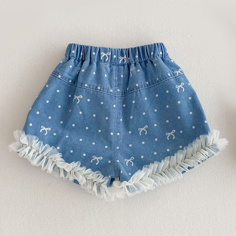 Girls Summer Bow Dot Print Denim Lace Trim Shorts