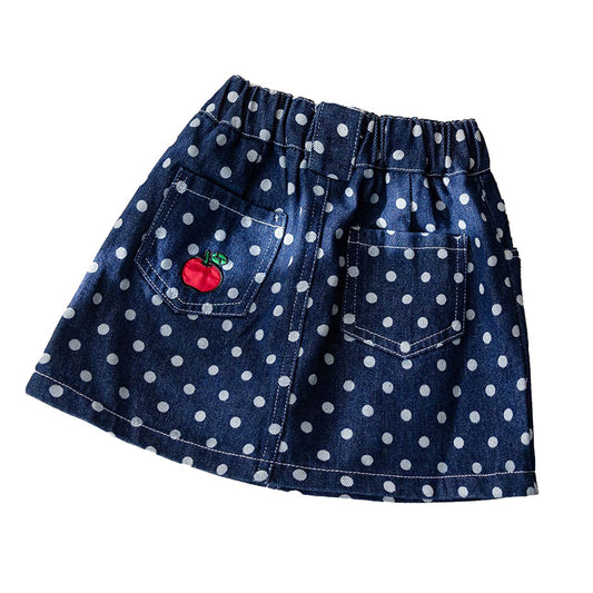 Girls' Denim Skirt Dot Print Apple Embroidery Back To School