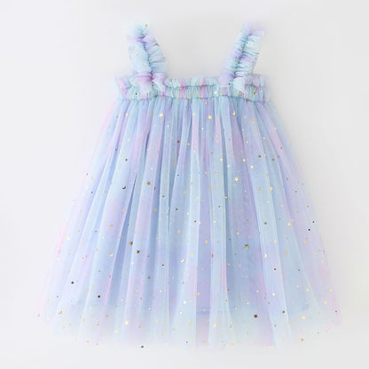 Girls Rainbow Tulle Dress Gold Stars Sparkly Fairy Style