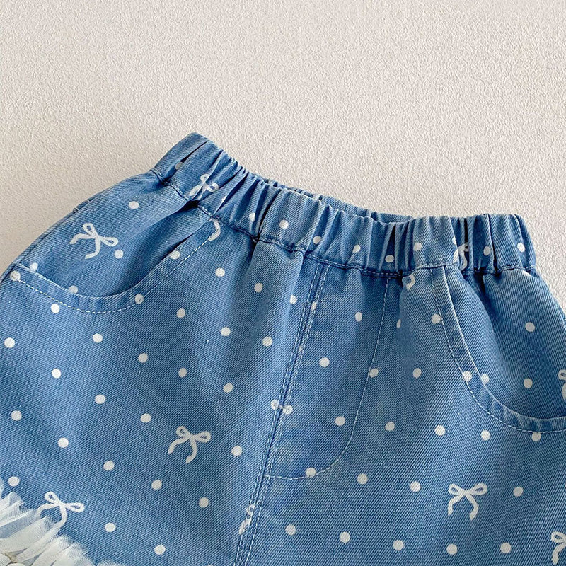 Girls Summer Bow Dot Print Denim Lace Trim Shorts