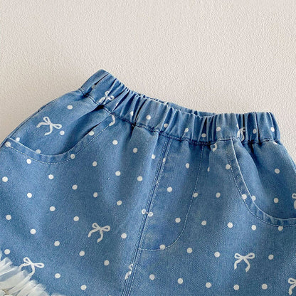 Girls Summer Bow Dot Print Denim Lace Trim Shorts