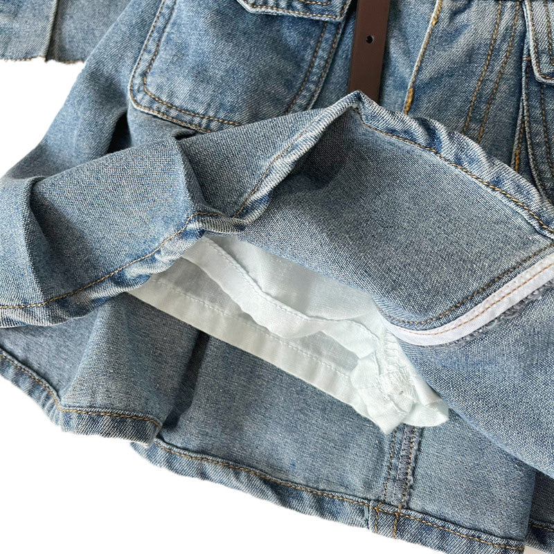 Denim Vest and Pleated Skirt Set for Girls Belt and Pockets