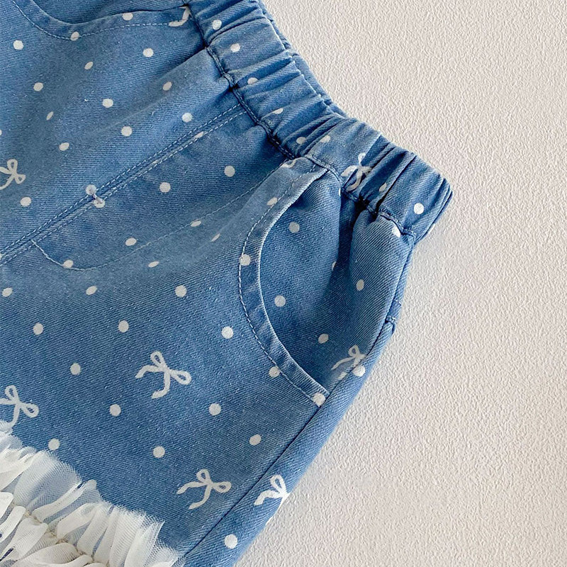 Girls Summer Bow Dot Print Denim Lace Trim Shorts