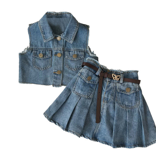 Denim Vest and Pleated Skirt Set for Girls Belt and Pockets