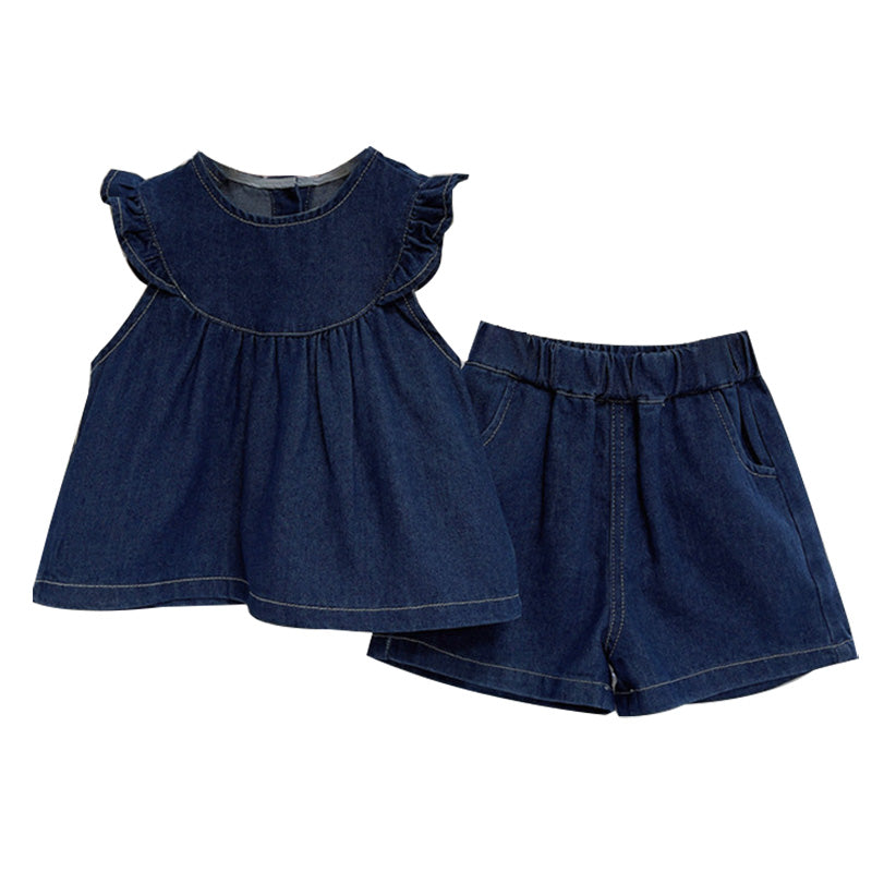 Girls Ruffle Sleeveless Denim Set Summer Fall Outfit Two Piece