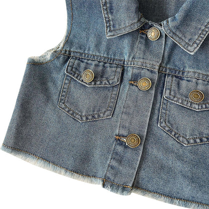 Denim Vest and Pleated Skirt Set for Girls Belt and Pockets