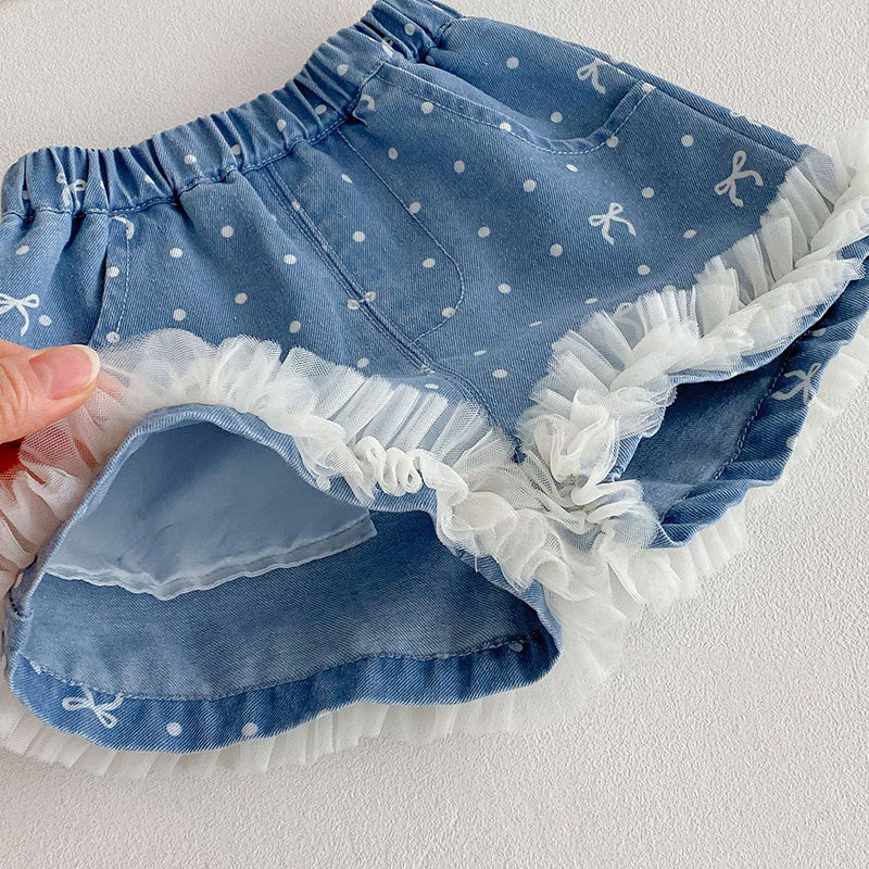 Girls Summer Bow Dot Print Denim Lace Trim Shorts