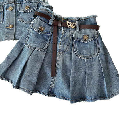 Denim Vest and Pleated Skirt Set for Girls Belt and Pockets
