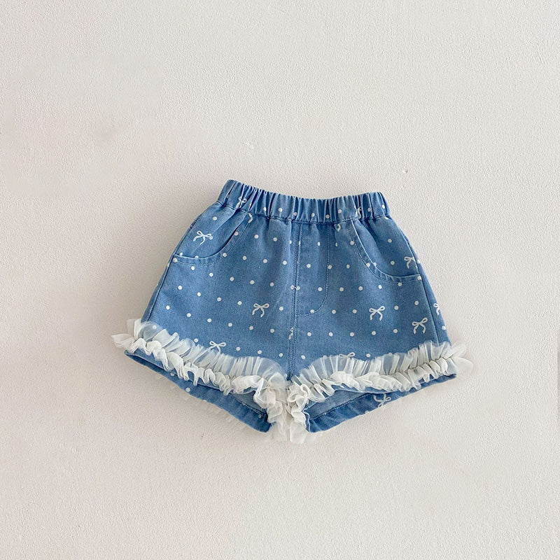 Girls Summer Bow Dot Print Denim Lace Trim Shorts