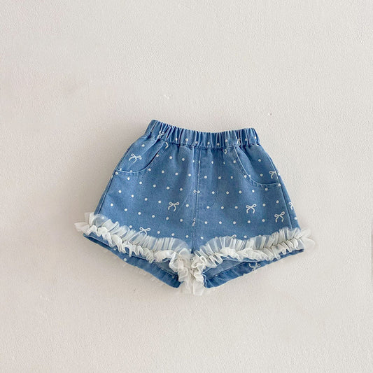 Girls Summer Bow Dot Print Denim Lace Trim Shorts