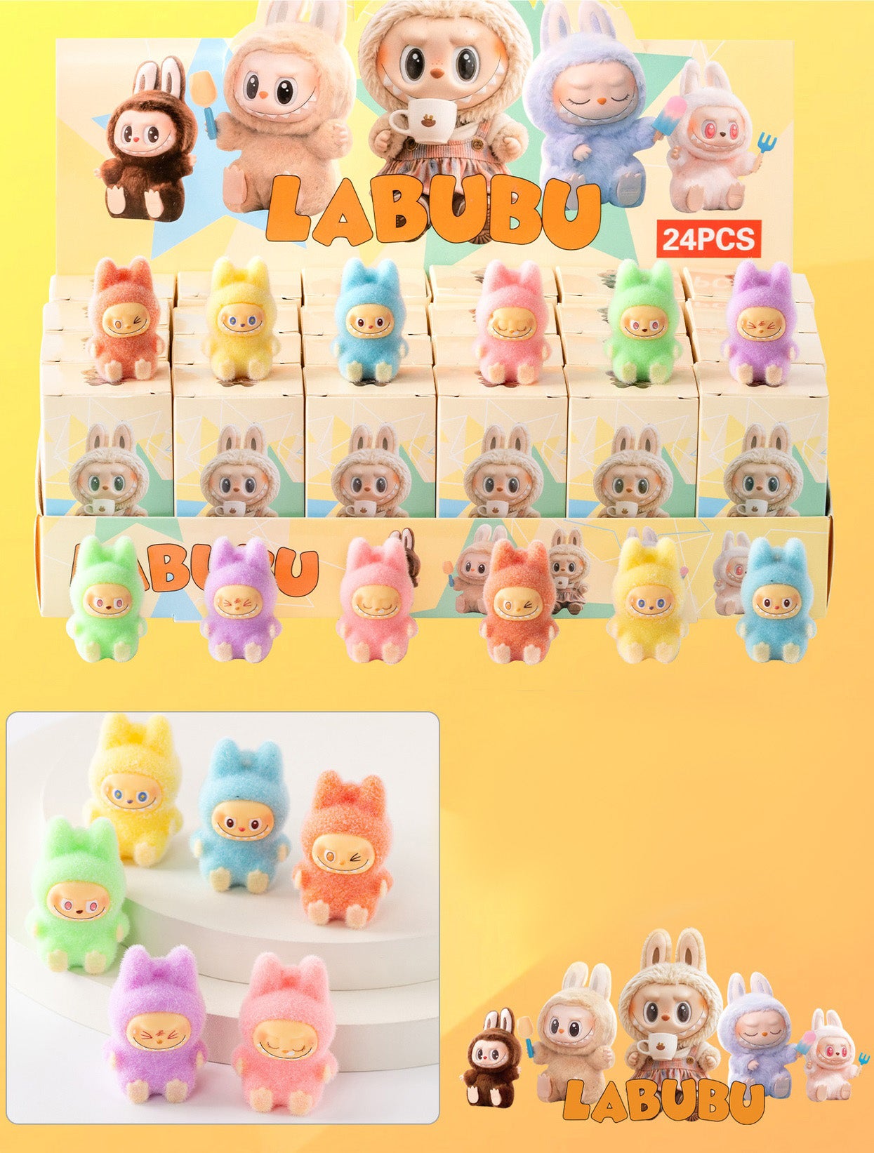 Labubu Flocked Vinyl Figure Collectible Toy Blind Box Surprise Trendy Desk Decor 24pcs