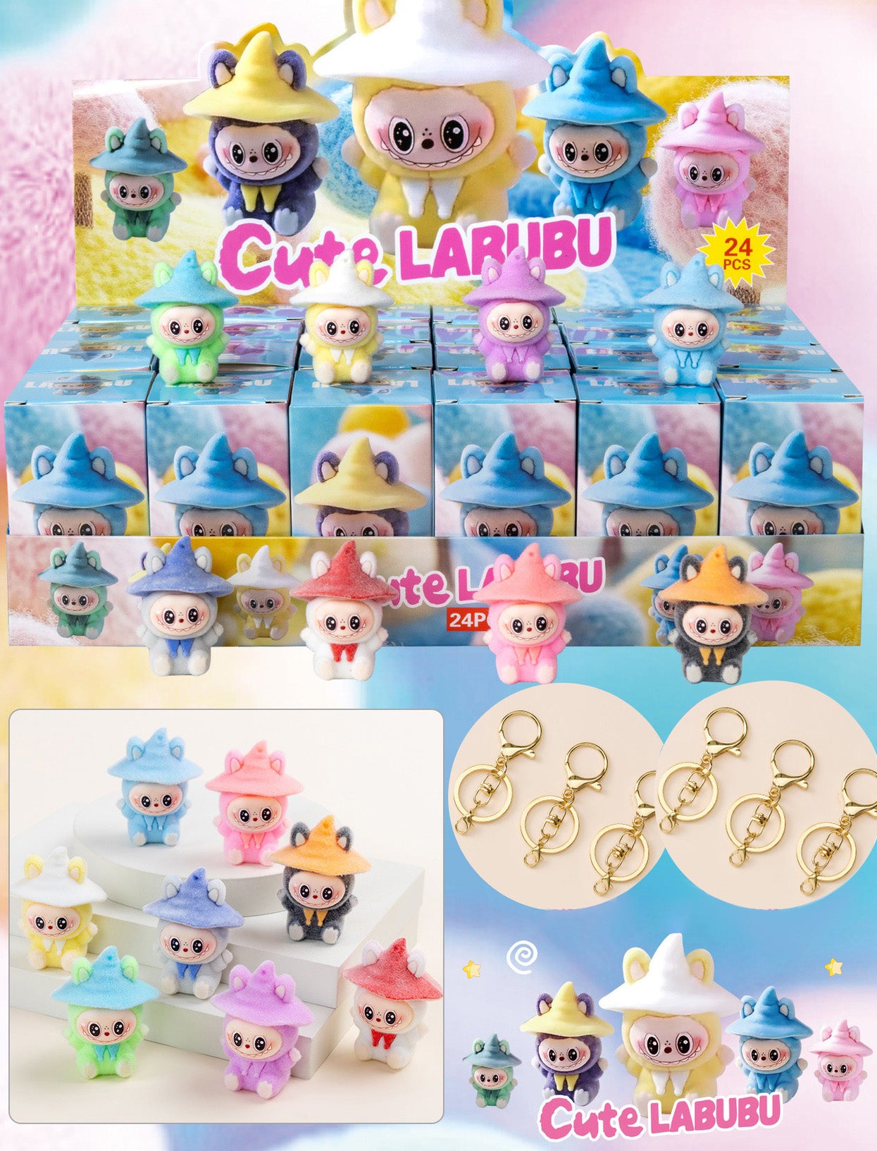Labubu Flocked Vinyl Figure Collectible Toy Blind Box Surprise Trendy Desk Decor 24pcs